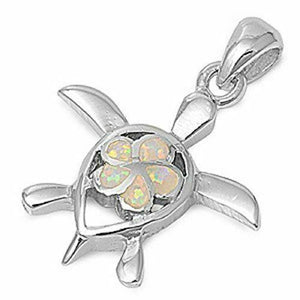 Silver Pendant W/ Lab Opal Turtle .925 Flower