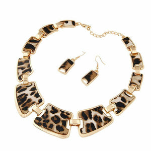 Gold Tone Style Leopard Grain Necklace Collar Bib Fashion Jewelry Earrings