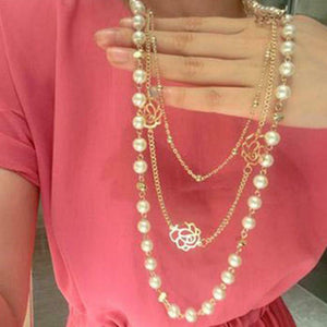 Women MultiLayer Long Faux Pearl Necklace Pendant Sweater Chain Body Jewelry