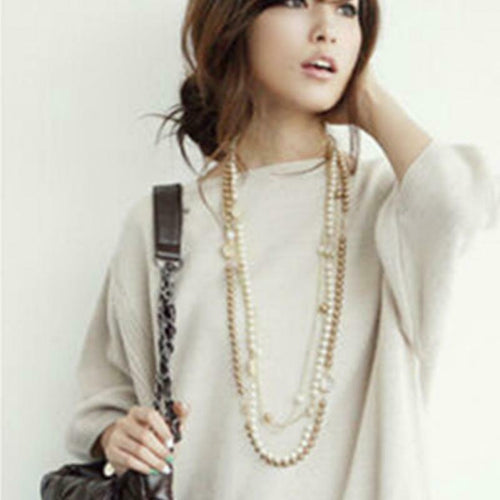 Women MultiLayer Long Faux Pearl Necklace Pendant Sweater Chain Body Jewelry