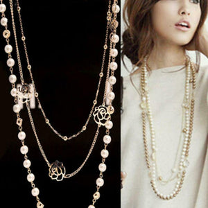 Women MultiLayer Long Faux Pearl Necklace Pendant Sweater Chain Body Jewelry