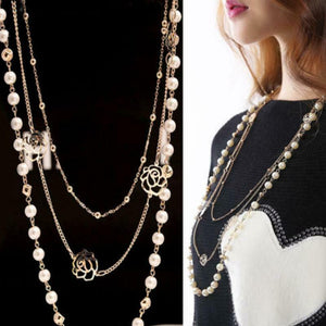 Women MultiLayer Long Faux Pearl Necklace Pendant Sweater Chain Body Jewelry