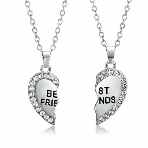 Unisex 2 Pcs Bff CZ Necklace Best Friend Mens Womens Heart Pendant Couple Chain