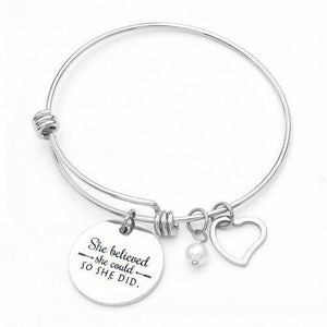 Stainless Steel Inspirational Quotes Bangle Heart Charm Bracelets She Believed