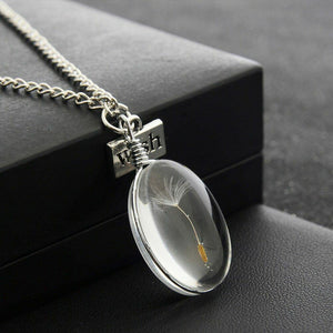 Dandelion Wish Hope Real Flower Pendant Oval Glass Necklace Chain Puffed