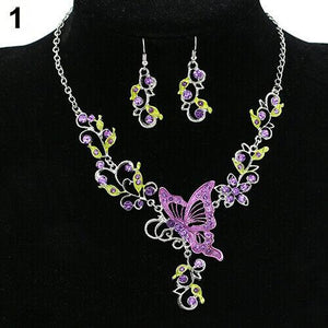 Butterfly Flower Rhinestone Pendant Bib Statement Necklace Earrings Jewelry Set
