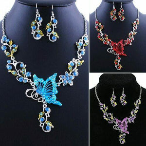 Butterfly Flower Rhinestone Pendant Bib Statement Necklace Earrings Jewelry Set