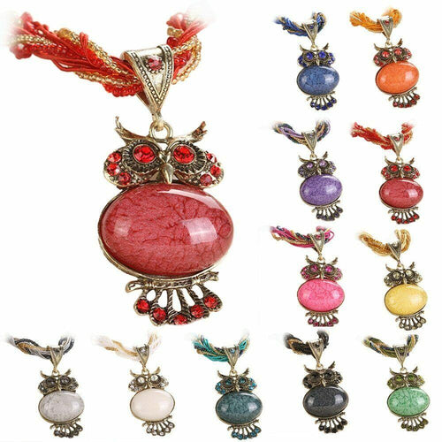 Necklace Crystal Statement Stone Owl Pendant Bohemian Jewelry Men Women