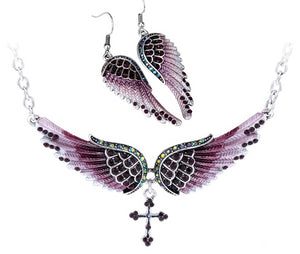 Yacq Angel Wing Cross Necklace Earrings Sets Women Biker Bling Jewelry Birthday Gifts for Her Wife Mom Girlfriend Dropshipping