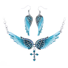Angel Wing Cross Biker Necklace Earrings Sets Women Biker Bling Jewelry